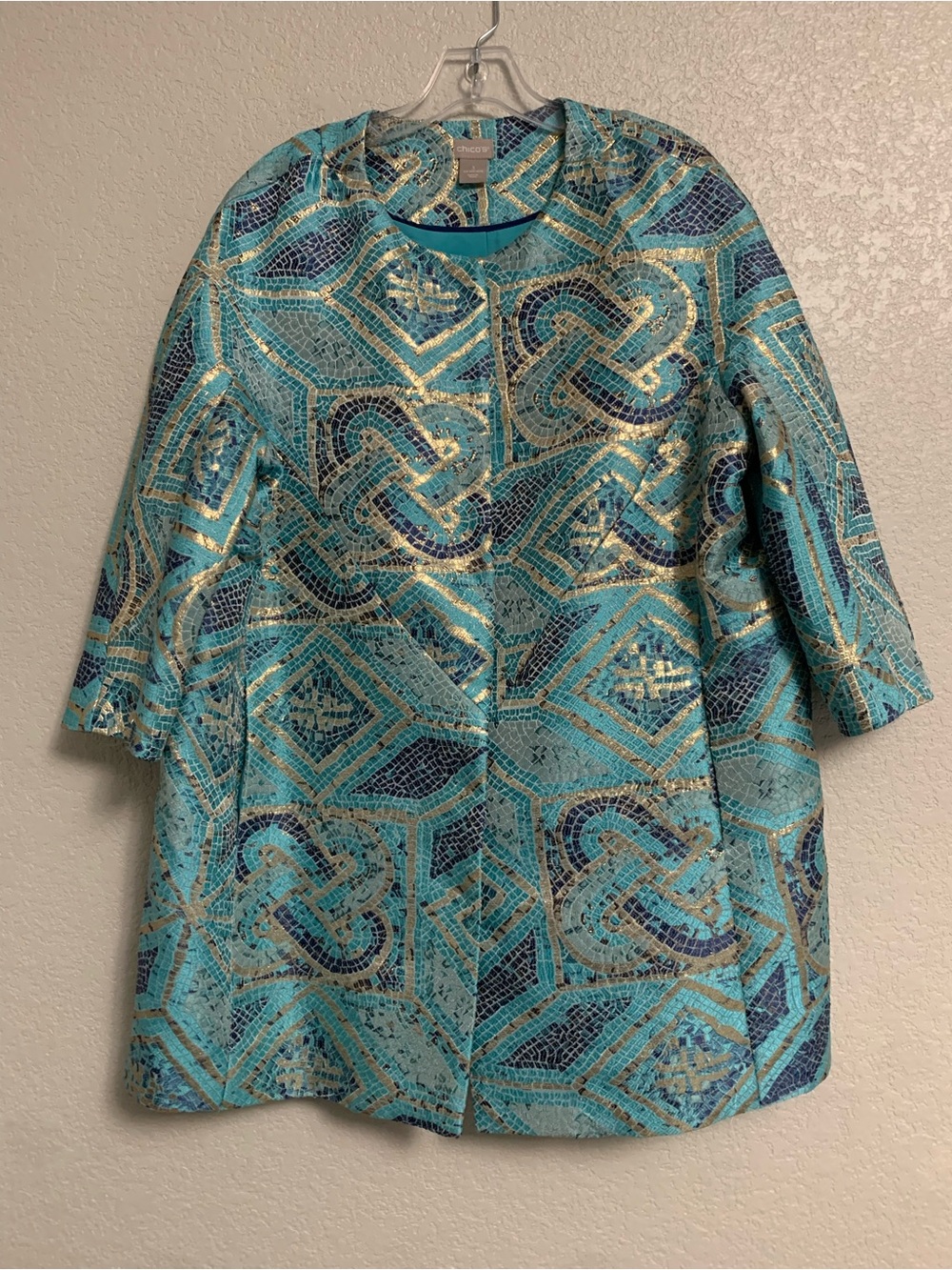 Chicos Long Topper Jacket Womens 3/XL Metallic Mosaic Tile Print Turquoise
